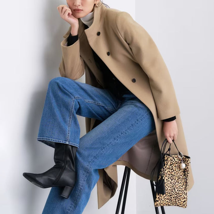 100％羊毛立領長版大衣 - 卡其｜INDIVI 日本製