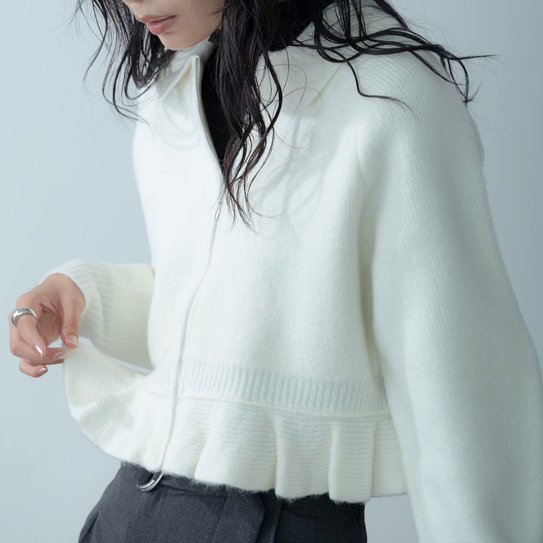 荷葉下擺拉鍊開襟衫 - 米白｜GALLEST