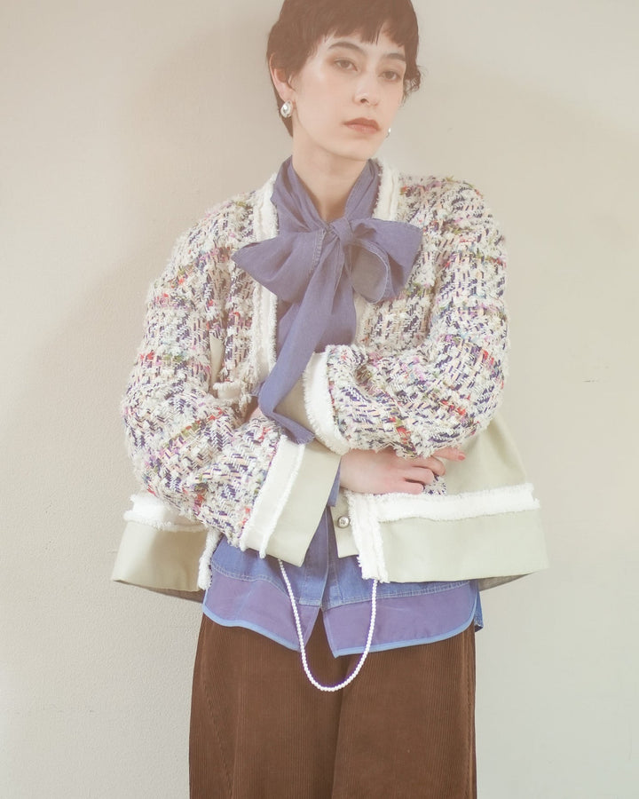 彩紋粗花呢拼接外套 - 米｜Lallia Mu