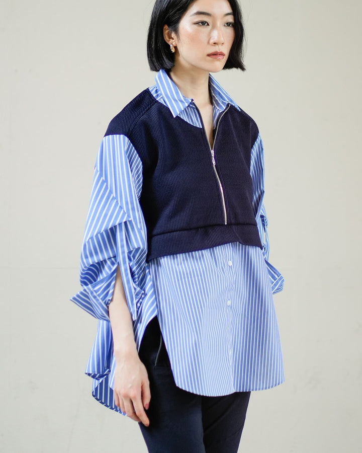 針織拼接條紋長版襯衫 - 藍｜Lallia Mu