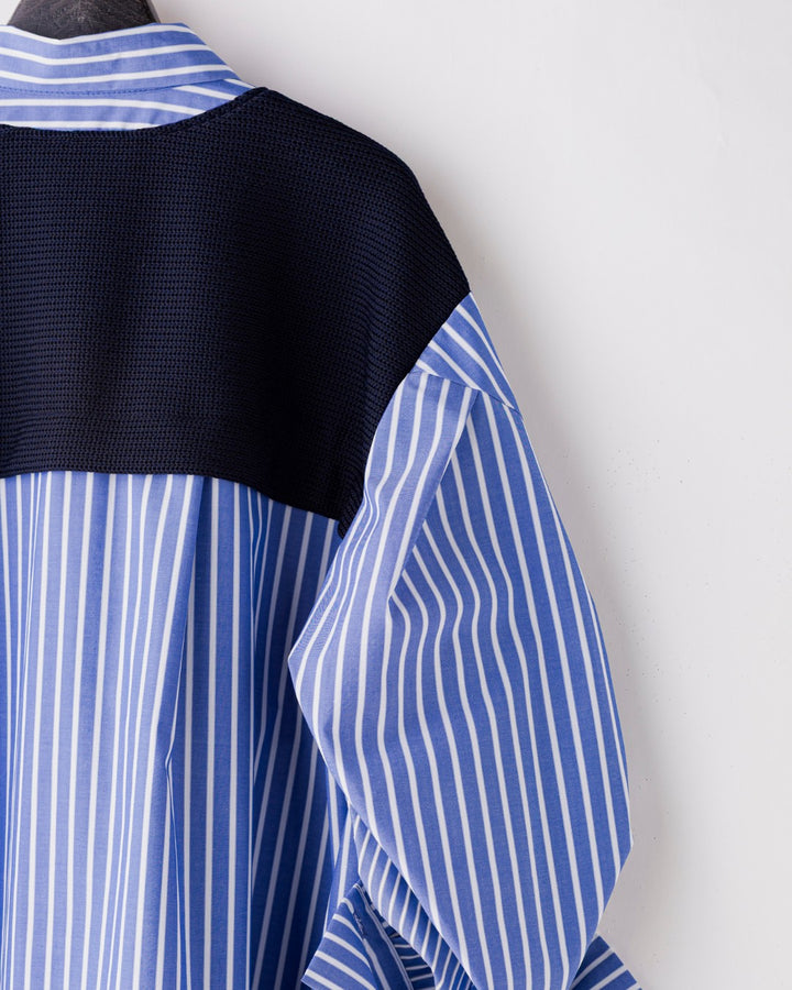 針織拼接條紋長版襯衫 - 藍｜Lallia Mu