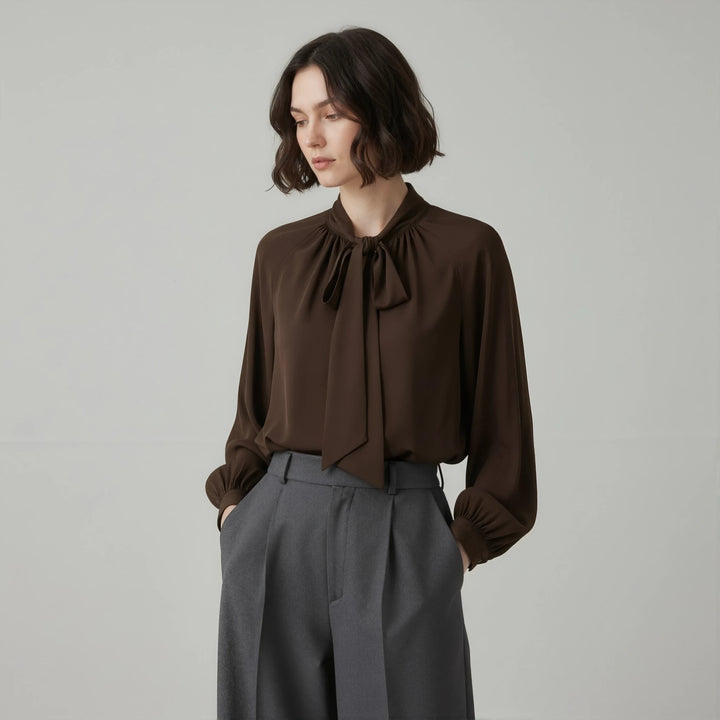 NANOKA LIVING ｜和洋選品 Ballsey dark brown sheer blouse with a pussy bow tie collar and long cuffed sleeves