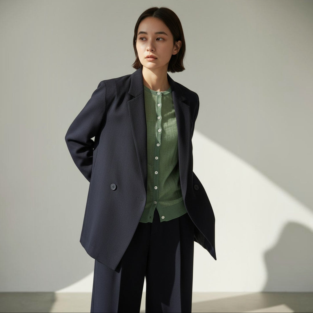 NANOKA LIVING 深藍色透膚西裝外套搭配淺綠色鈕扣針織衫與長褲