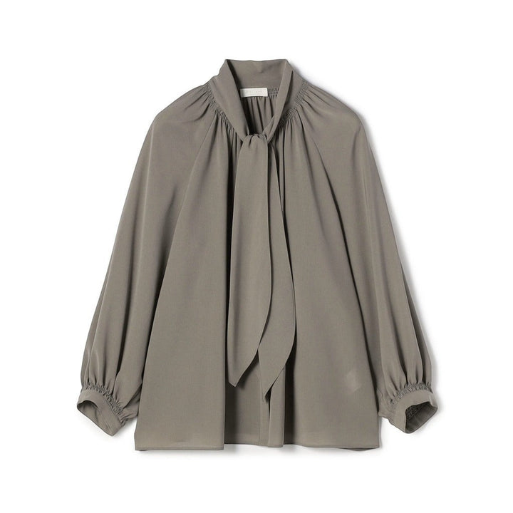 NANOKA LIVING ｜和洋選品 light grey sheer blouse with a tie-neck scarf collar and gathered long sleeves