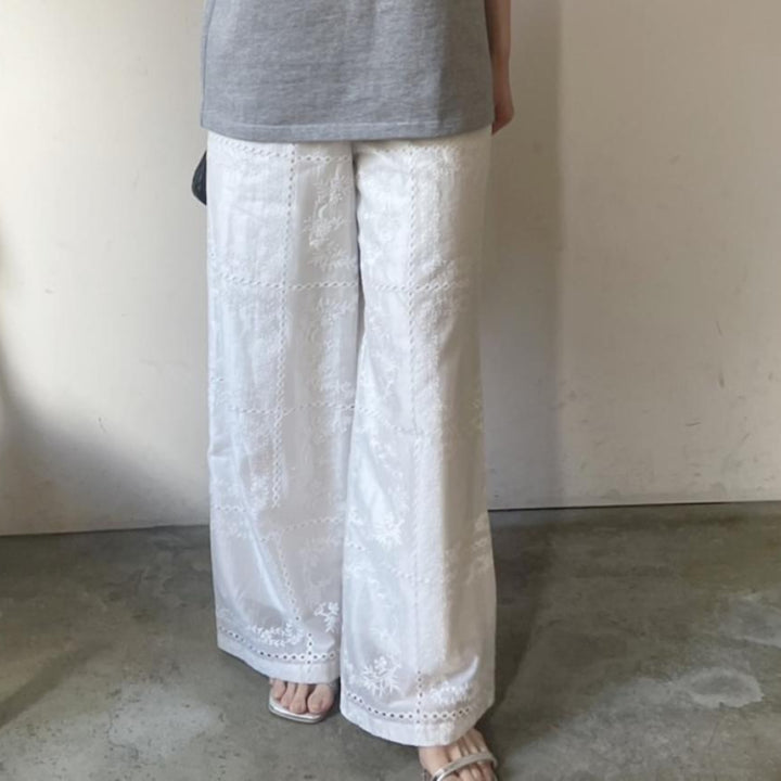 刺繡透紗寬褲 - 黑｜ANANA